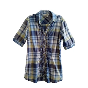 Tom Tailor Shirt Women’s US 10 Blue Yellow White Plaid Button Mid Sleeve Ruffles - Picture 1 of 9