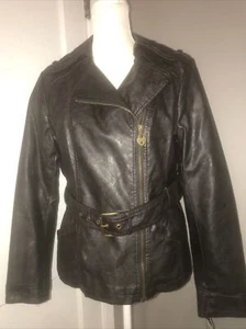 NWT Ladies Guess Brown Faux Leather Side Zipper Biker Casual Jacket Sz:L - Picture 1 of 7