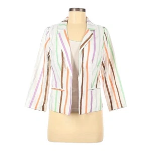 NWT ModCloth M Women’s white rainbow stripe open linen blend 3/4 sleeve blazer - Picture 1 of 7