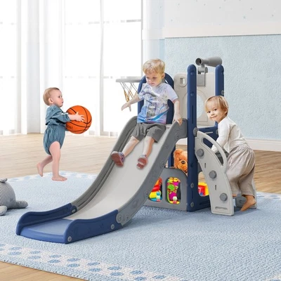 Tobogán 6 en 1 para niños pequeños con baloncesto y telescopio, juego de interior para edades de 1-3 Foto 1 de 4
