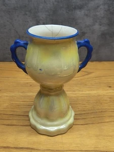 Vintage Czechoslovakia Lusterware Art Pottery Yellow/Blue Double Handled Vase - Picture 1 of 7
