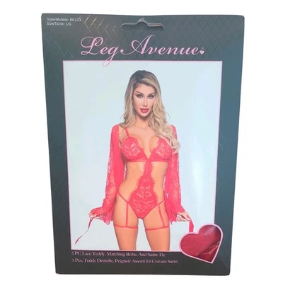 Leg Avenue 3 шт. Кружевной Тедди, соответствующий халат и атласный галстук Большой - Изображение 1 из 4