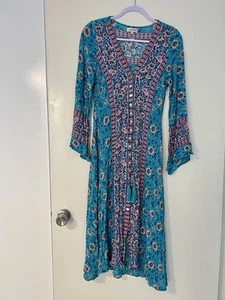 Arnhem Kauai Midi Dress Size 10 Turquoise Button Up Tie Waist Boho ~ PreOwned - Picture 1 of 5