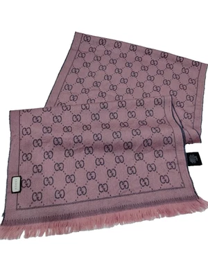GUCCI GG Bufanda Mantón Estola Silenciador Envoltura 100% Lana Hecho en Italia Rosa Gris Foto 1 de 4