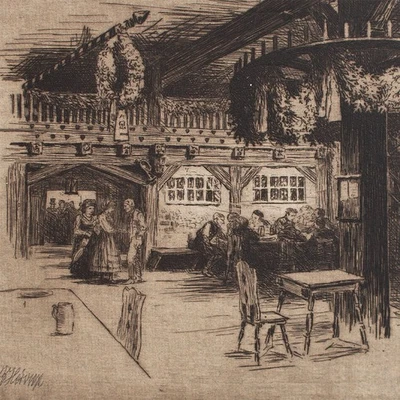 Bruno Héroux Gasthof Wirtshaus Jugendstil Leipzig signiert Radierung um 1900 - Bild 1 von 4