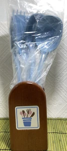 VTG Melamine Ware Utensils Blue & Matching 1986 Wood Kitchen Holder NEW - Picture 1 of 14