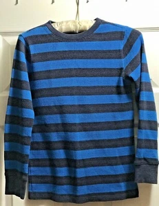 Cherokee Boys M 8-10 Waffle-Knit Thermal Striped Cotton Top Shirt Gray Blue - Picture 1 of 9