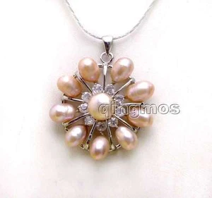 6-7mm Purple Rice Pearl & 32mm Flower Pendant free 17" Silver plated Chain-n6240 - Picture 1 of 5