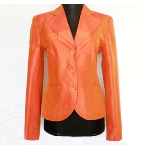 MARC AUREL Short Slim Blazer Jacket Dupion Silk Patch Pocket Metallic Orange S M - Picture 1 of 6