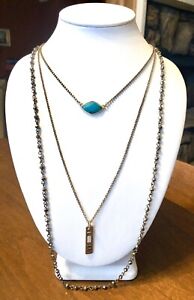 Lucky Brand Gold Tone Beaded Three Strand Faux Turquoise Necklace