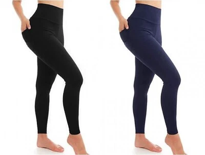 Damas Cintura Alta Algodón Elastano Elastano Elastizado Leggings Tallas 8-30 Negro Azul Marino Yoga Foto 1 de 3