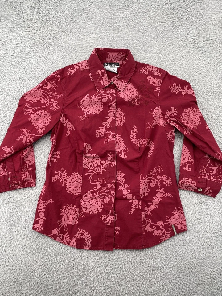 Columbia Abotonable Para Mujer Pequeño Rojo Floral Manga 3/4 Flores Informal Damas Foto 1 de 4