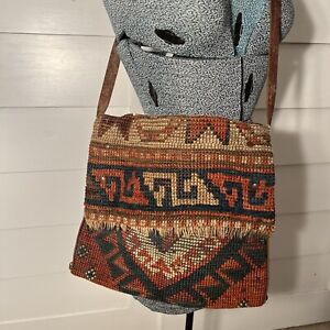 Vintage "The Berkeley Bag" Boho Carpet Satchel Purse Southwest Leather Handle 