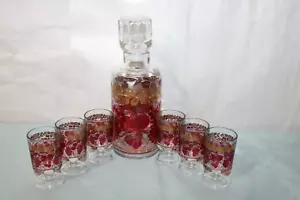 VTG French Luminarc Gold & Red Grape/Leaf Design Cordial Glass & Decanter Set - Picture 1 of 15