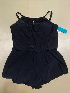 Women's UPF 50 High Neck Swim Romper One Piece Swimsuit Black Size XL Pockets - Picture 1 of 11