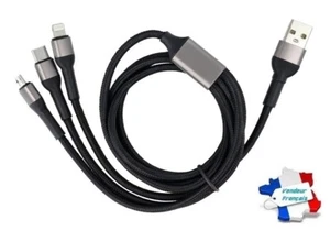 Câble USB 3 en 1 Connexion Micro USB / Type C / 8 Pin (Cordon Tressé Noir) - Photo 1 sur 24
