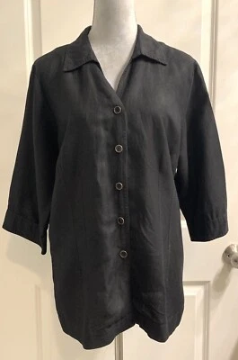 Women’s Linen Blend Button Up Top Sz 14/16 Blouse 3/4 Sleeve Black - Image 1 of 4