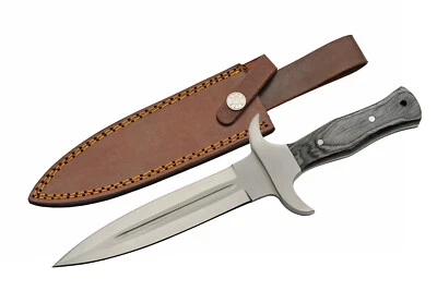 Cuchillo daga de doble filo mango de madera gris espiga completa con funda de cuero Foto 1 de 3