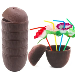 12Pcs Coconut Cups With Hibiscus Flower Straws For Hawaiian Luau Kids Party ECM - Picture 1 of 7