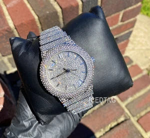 Full Blinged Out White Gold PT Heavy Ice Flooded Diamond Hip Hop Luxury Watch - Picture 1 of 6