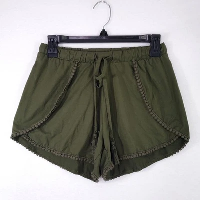 Hot Kiss Shorts Womens Medium Olive Green Drawstring Tassel Pom Pom Trim Boho - Image 1 of 4