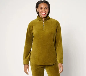 Denim & Co. Active Velour Quarter Zip Top - Deep Moss - Large A673275 NEU - Bild 1 von 2