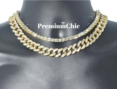 Tennis Chain + Miami Cuban Choker Mens Hip Hop Plated CZ Necklace Link COMBO SET - Image 1 of 4