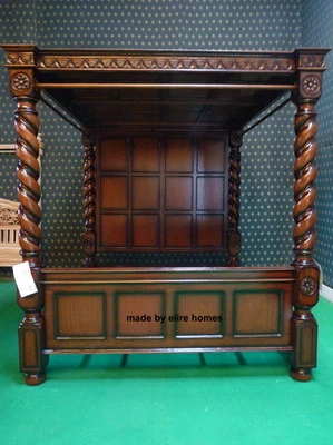 UK STOCK 5' King Mahogany Jacobean twisted columns dour poster canopy Tudor  Bed - Image 1 of 4