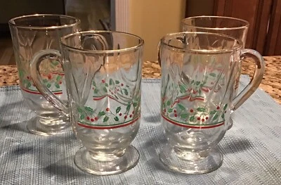 4 Arby's Libbey Christmas Holly Berry Irish Coffee/Egg Nog Glass Footed Mugs - Image 1 of 4