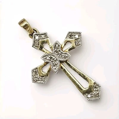 Collar Colgante Cruz Diamante GENUINO Oro Blanco 10K 1.24" Alto Largo Antiguo Foto 1 de 4