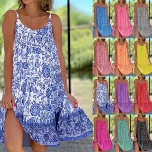 Summer Sundress Holiday Sleeveless Plus Size UK Womens Ladies Swing Floral Dress - Picture 1 of 18