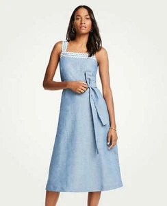 "ANN TAYLOR" LIGHT BLUE WAVY TRIM CHAMBRAY MIDI A-LINE DRESS SZ: 14 TALL NWT 159 - Picture 1 of 6