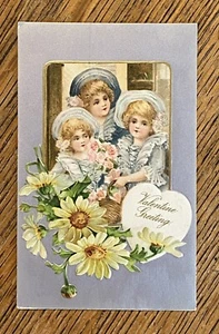 Winsch SCHMUCKER Valentine 3 Victorian GIRLS Antique Vintage 1910s Emb Postcard! - Picture 1 of 3