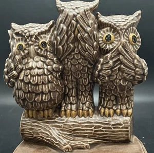 Arnel's Pottery Ceramic Hear No See No Speak No Evil Owls 1972 Made in USA 7.5" - Picture 1 of 15