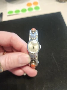 VINTAGE NAVAJO JR SIGNED STERLING  CORAL WATCH CUFF BRACELET (G509) - Picture 1 of 9