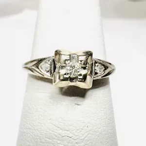 Antique 14k White Gold Tri Diamond Thin Band Ring - Picture 1 of 7