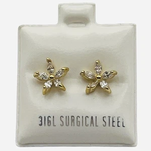 14K Gold Plated 316L Surgical Steel Flower Stud Earrings Stones Hypoallergenic - Picture 1 of 4