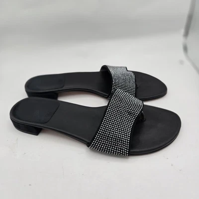 Stuart Weitzman Luxury Black Silver Sparkle Thong Sandals Flats Size 9.5 M - Image 1 of 4