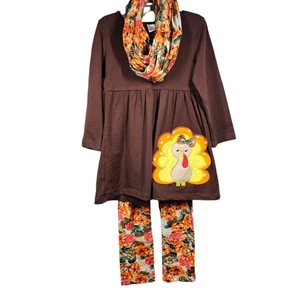 Thanksgiving Turkey 3-Piece Outfit for Little Girl Dress Leggings and Scarf XXL - Picture 1 of 13