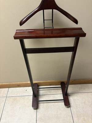 VTG MCM Cherrywood Valet Stand Suit Rack Butler Clothes Hanger On Wheels 36” - Image 1 of 4
