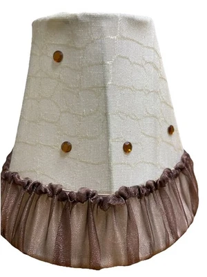 Small Beige Brown Lamp Shade Fabric Covered  Netting Amber Beads Clip On - Image 1 of 4