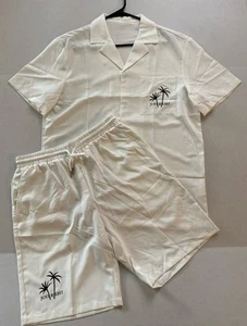 White 2-Piece Beach Set Shirt & Pants Size M | Summer Resort Lounge Outfit - Picture 1 of 7