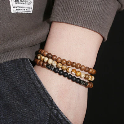 3 Pcs/set 6mm Natural Stone Wood Prayer Round Beads Onyx Mala Women Men Bracelet - Image 1 of 4