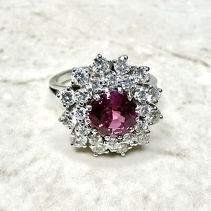 Vintage Ruby & Diamond Halo Ring - Platinum Ruby Ring - Ruby Engagement Ring - Picture 1 of 7