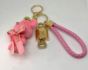 Louis Vuitton Gold Brass Lock and Key # 309 on Pink Bear Braided Loop Keychain