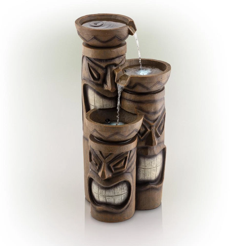 Alpine Corporation Water Fountain LED Light Tiki Head Outdoor 29 in. Tall 3-Tier - Image 1 of 4