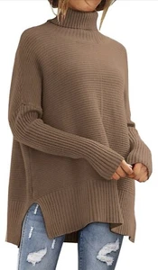 LILLUSORY Women's Oversized Turtleneck Sweaters 2023 Fall, Size S, Dark Apricot - Picture 1 of 6