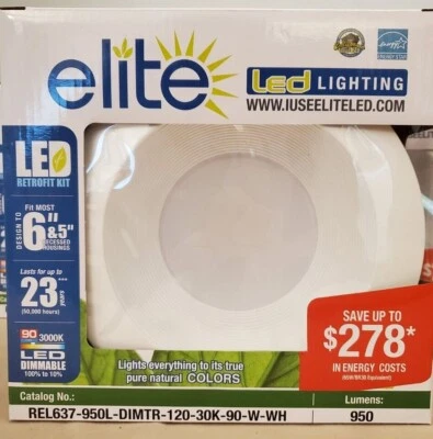 Elite REL637-950L-DIMTR-120-30K-90-W-WH 5/6 дюйма светодиодная модернизация перегородка отделка - Изображение 1 из 4