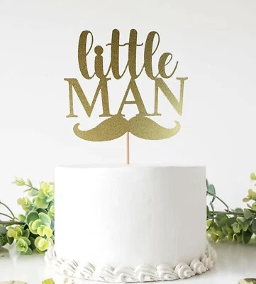 Pequeño Hombre Con Bigote Pastel Topper Baby Shower 1er Cumpleaños Doble Cara Dorado Foto 1 de 2