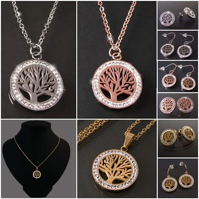 Edelstahl Schmuck Lebensbaum Kette 50cm Ohrringe 15mm silber roségold Damen VS19 - Bild 1 von 4
